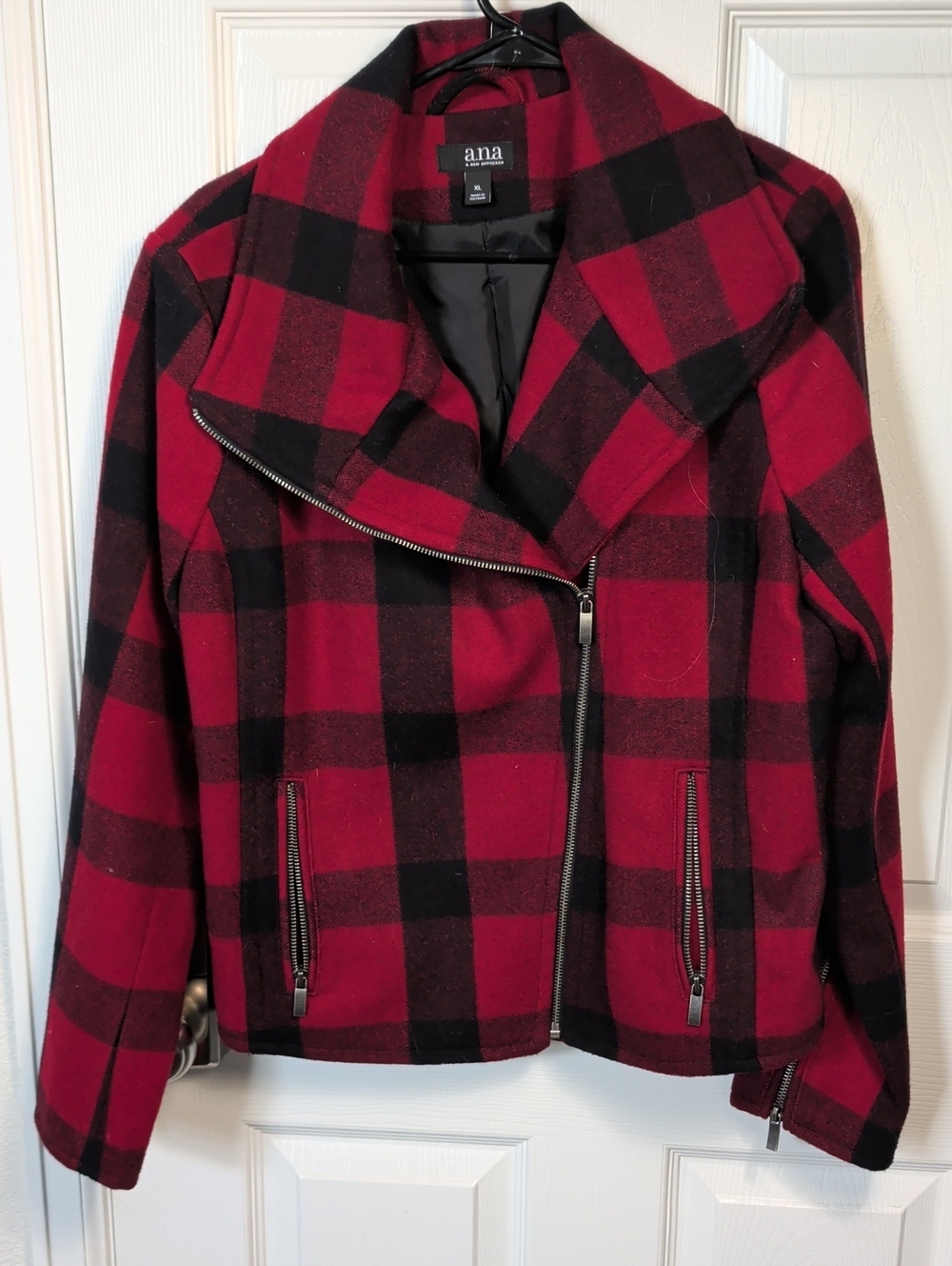 a.n.a Red & Black Plaid Moto Jacket with Asymmetrical Zip